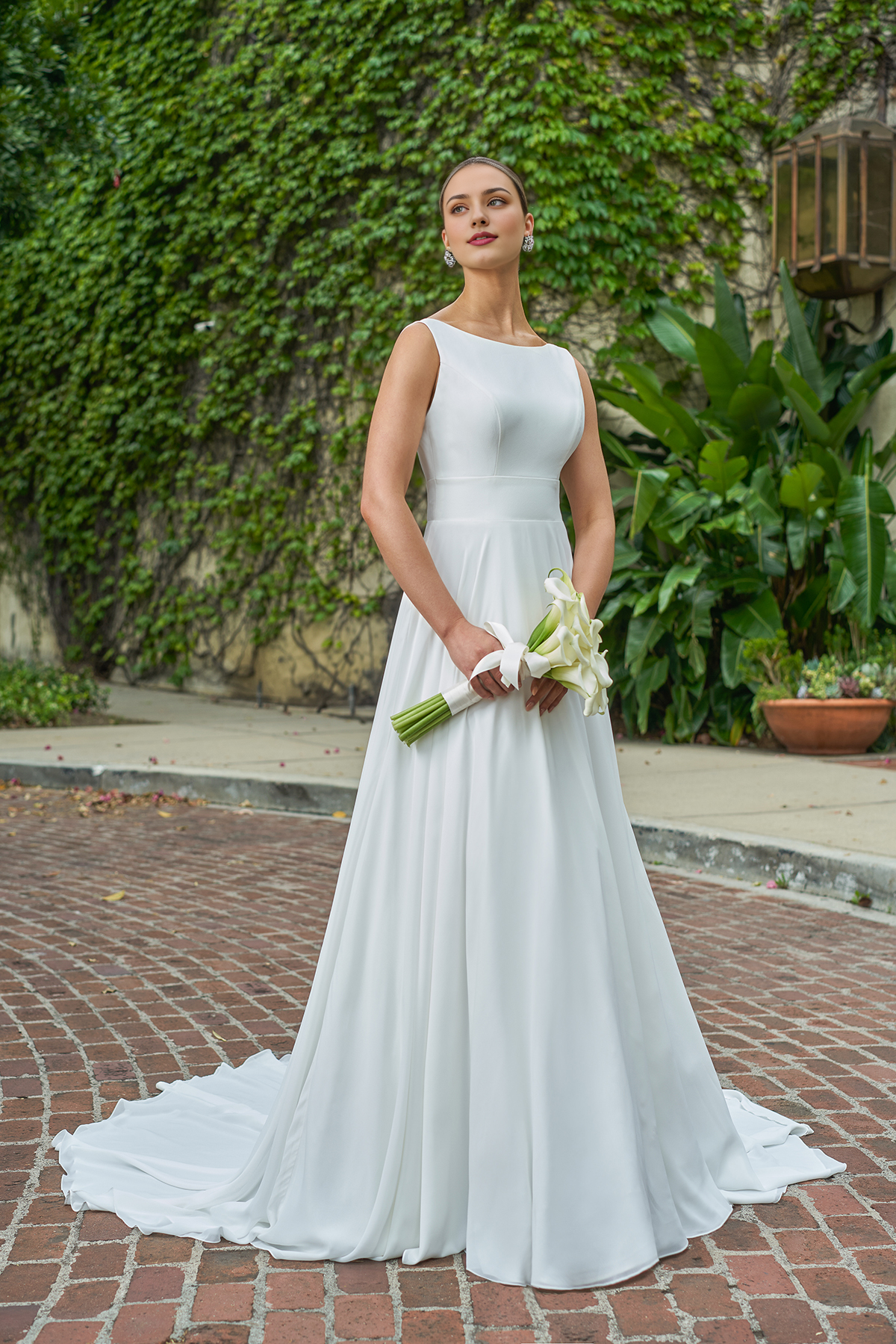 A-line minimalist boat shaped neckline off shoulder sleeveless backless side slit and floor length wedding dress
